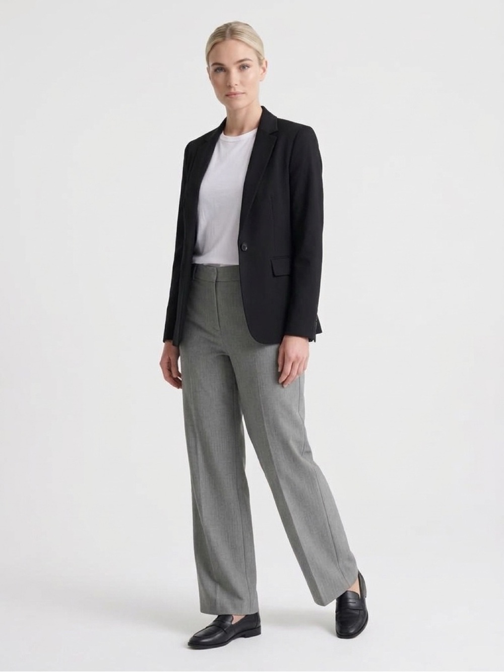 SO Black Blazer with Gray Wide-Leg Trousers